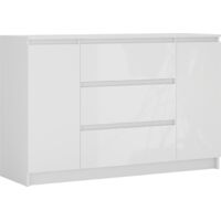 Commode : Blanc Mat / Blanc Brillant, 120 × 39 × 78 cm, 2 portes, 3 tiroirs