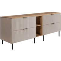 Meuble vasque sur pied en MDF et panneau laminé – Largeur 180 cm, hauteur 77 cm, profondeur 46 cm – 4 tiroirs, 2 étagères, finition cachemire – 3Xe Living