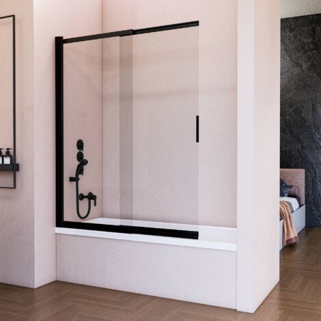 Mampara de Bañera Abatible Corredera 70 cm Negro Mate - Cristal Templado 6 mm Antical - 150cm Altura