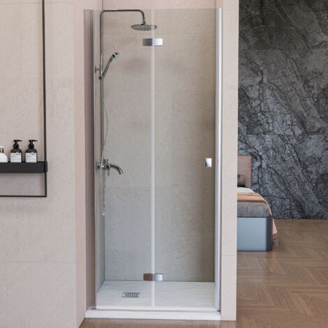 Mampara de Ducha Frontal Plegable 100 cm Cromo Brillo Cristal Transparente Antical 6mm Reversible Apertura Interior/Exterior 200cm Alto