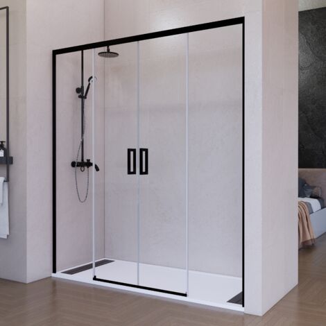 Mampara de ducha frontal corredera 165 cm 2 puertas + 2 fijos Negro mate Cristal transparente 6 mm 195 cm altura