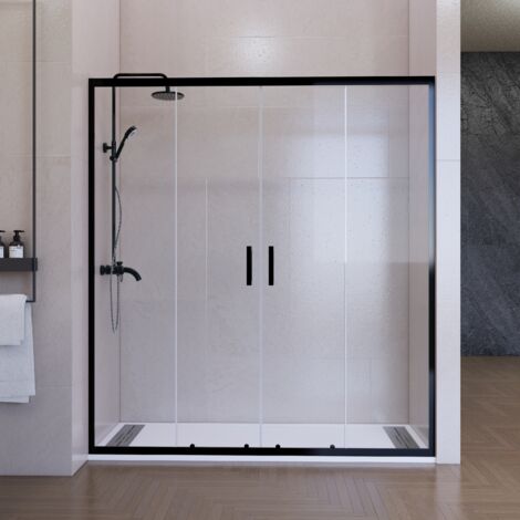 Mampara de ducha frontal corredera 180 cm 2 puertas + 2 fijos Negro mate Cristal transparente 6 mm perfil inferior 195 cm altura