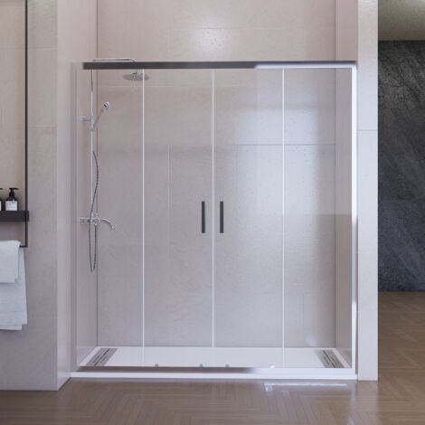 Mampara de ducha frontal corredera 185 cm 2 puertas + 2 fijos Plata cromo Cristal transparente 6 mm perfil inferior 195 cm altura