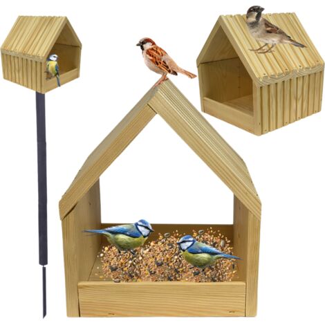 MODO24 Mangeoire oiseaux sur pied bois étanche avec toit, nichoir cabane jardin/balcon, toute saison, montée, 117x24x22 cm, naturel