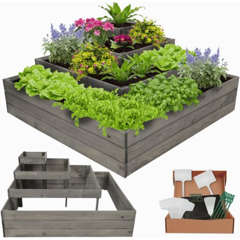 MODO24 Potager surélevé bois 54x119x119 cm, jardinière balcon/terrasse pour herbes, légumes, kit jardinier inclus, gris imprégné