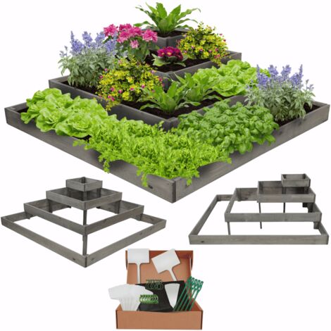 MODO24 Potager surélevé bois 36x119x119 cm, jardinière balcon/terrasse pour herbes, légumes, kit jardinier inclus, gris imprégné