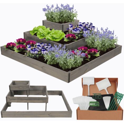 MODO24 Potager surélevé bois ZP08 27x92x92 cm, jardinière balcon/terrasse pour herbes, légumes, kit jardinier inclus, gris imprégné (1/5)