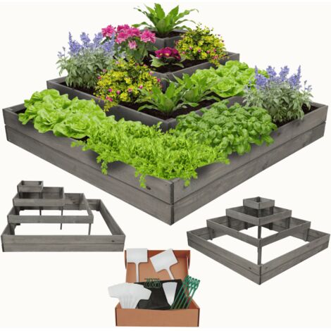 MODO24 Potager surélevé bois 45x119x119 cm, jardinière balcon/terrasse pour herbes, légumes, kit jardinier inclus, gris imprégné (1/5)