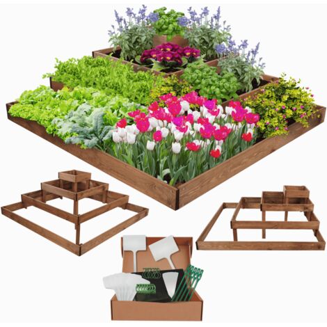 MODO24 Potager surélevé bois 36x119x119 cm, jardinière balcon/terrasse pour herbes, légumes, kit jardinier inclus, brun imprégné