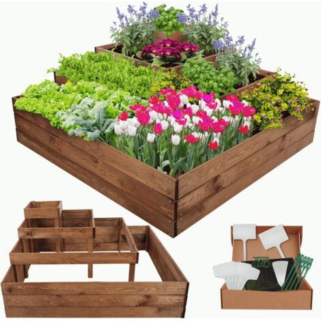 MODO24 Potager surélevé bois 54x119x119 cm, jardinière balcon/terrasse pour herbes, légumes, kit jardinier inclus, brun imprégné