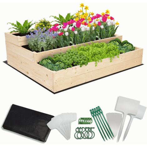 MODO24 Carré potager surélevé en bois, 3 niveaux en cascade, 36x117x93 cm, jardin/terrasse, kit jardinier inclus, naturel