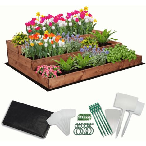 MODO24 Carré potager surélevé en bois, 3 niveaux en cascade, 27x117x93 cm, jardin/terrasse, kit jardinier inclus, brun imprégné