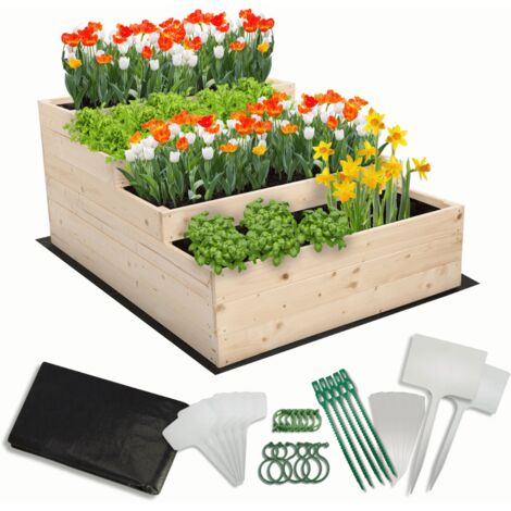 MODO24 Carré potager surélevé en bois, 4 niveaux en cascade, 54x90x120 cm, jardin/terrasse, kit jardinier inclus, naturel