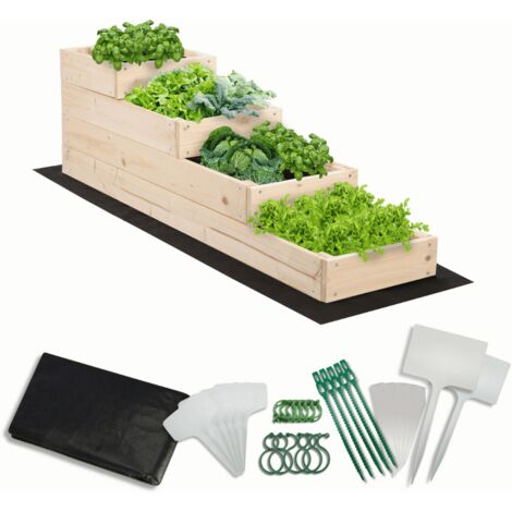 MODO24 Carré potager surélevé en bois, 4 niveaux en cascade, 36x30x120 cm, jardin/terrasse, kit jardinier inclus, naturel