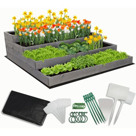 MODO24 Carré potager surélevé en bois, 4 niveaux en cascade, 36x117x120 cm, jardin/terrasse, kit jardinier inclus, gris imprégné
