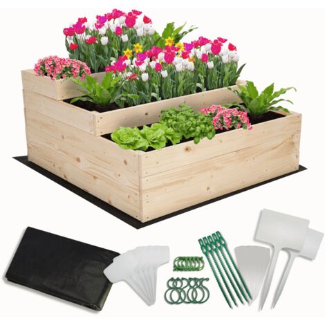 MODO24 Carré potager surélevé en bois, 3 niveaux en cascade, 45x90x93 cm, jardin/terrasse, kit jardinier inclus, naturel