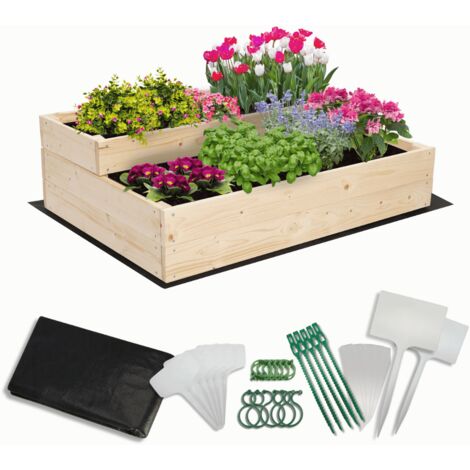 MODO24 Carré potager surélevé en bois, 2 niveaux en cascade, 27x90x63 cm, jardin/terrasse, kit jardinier inclus, naturel