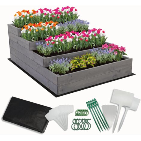 MODO24 Carré potager surélevé en bois, 4 niveaux en cascade, 45x90x120 cm, jardin/terrasse, kit jardinier inclus, gris imprégné