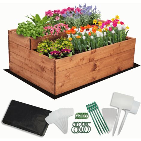 MODO24 Carré potager surélevé en bois, 2 niveaux en cascade, 36x90x63 cm, jardin/terrasse, kit jardinier inclus, brun imprégné