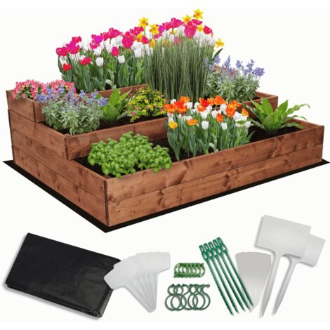 MODO24 Carré potager surélevé en bois, 3 niveaux en cascade, 36x117x93 cm, jardin/terrasse, kit jardinier inclus, brun imprégné