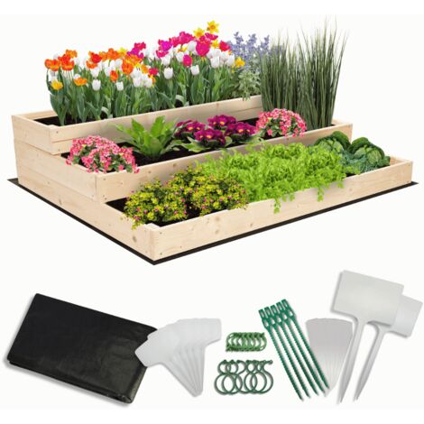 MODO24 Carré potager surélevé en bois, 3 niveaux en cascade, 27x117x93 cm, jardin/terrasse, kit jardinier inclus, naturel (1/5)