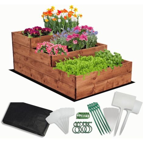 MODO24 Carré potager surélevé en bois, 3 niveaux en cascade, 36x60x93 cm, jardin/terrasse, kit jardinier inclus, brun imprégné