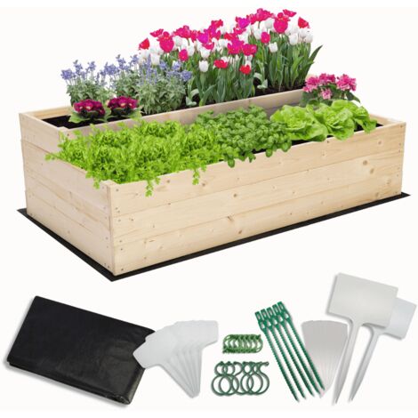 MODO24 Carré potager surélevé en bois, 2 niveaux en cascade, 36x117x63 cm, jardin/terrasse, kit jardinier inclus, naturel