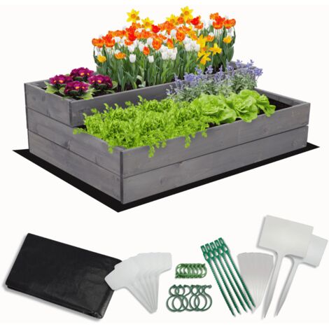 MODO24 Carré potager surélevé en bois, 2 niveaux en cascade, 27x90x63 cm, jardin/terrasse, kit jardinier inclus, gris imprégné