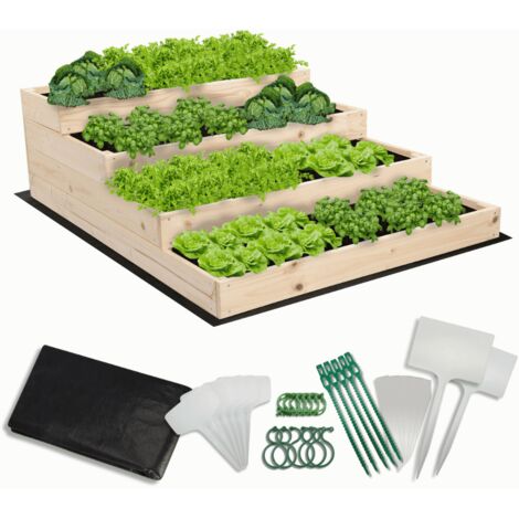 MODO24 Carré potager surélevé en bois, 4 niveaux en cascade, 36x90x120 cm, jardin/terrasse, kit jardinier inclus, naturel