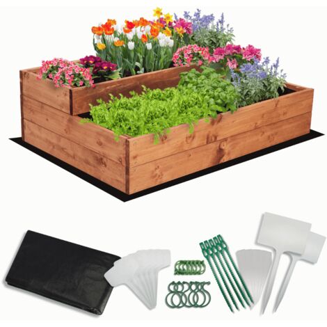 MODO24 Carré potager surélevé en bois, 2 niveaux en cascade, 27x90x63 cm, jardin/terrasse, kit jardinier inclus, brun imprégné (1/5)