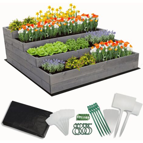 MODO24 Carré potager surélevé en bois, 4 niveaux en cascade, 45x117x120 cm, jardin/terrasse, kit jardinier inclus, gris imprégné
