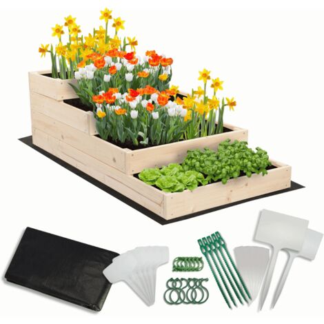 MODO24 Carré potager surélevé en bois, 4 niveaux en cascade, 36x60x120 cm, jardin/terrasse, kit jardinier inclus, naturel