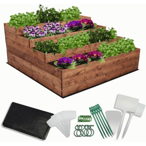 MODO24 Carré potager surélevé en bois, 4 niveaux en cascade, 54x117x120 cm, jardin/terrasse, kit jardinier inclus, brun imprégné