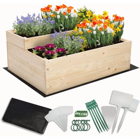 MODO24 Carré potager surélevé en bois, 2 niveaux en cascade, 36x90x63 cm, jardin/terrasse, kit jardinier inclus, naturel