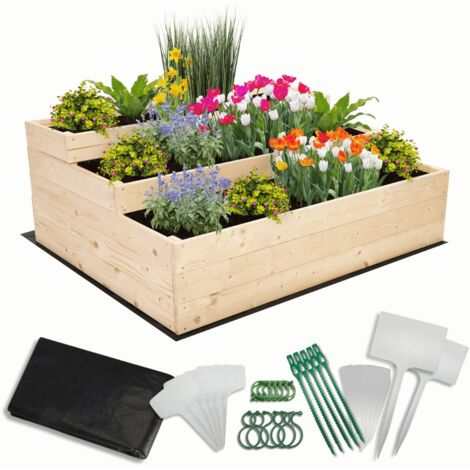 MODO24 Carré potager surélevé en bois, 3 niveaux en cascade, 45x117x93 cm, jardin/terrasse, kit jardinier inclus, naturel