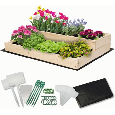 MODO24 Carré potager surélevé en bois, 2 niveaux en cascade, 18x90x63 cm, jardin/terrasse, kit jardinier inclus, naturel