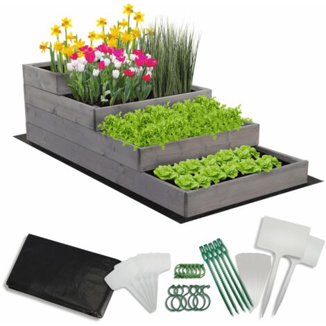MODO24 Carré potager surélevé en bois, 4 niveaux en cascade, 36x60x120 cm, jardin/terrasse, kit jardinier inclus, gris imprégné