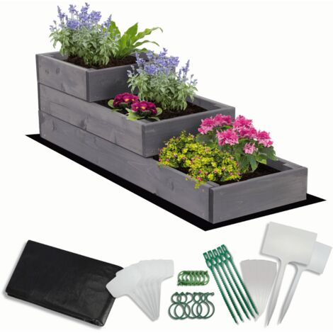 MODO24 Carré potager surélevé en bois, 3 niveaux en cascade, 27x30x93 cm, jardin/terrasse, kit jardinier inclus, gris imprégné