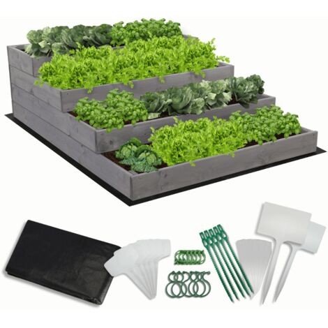 MODO24 Carré potager surélevé en bois, 4 niveaux en cascade, 36x90x120 cm, jardin/terrasse, kit jardinier inclus, gris imprégné