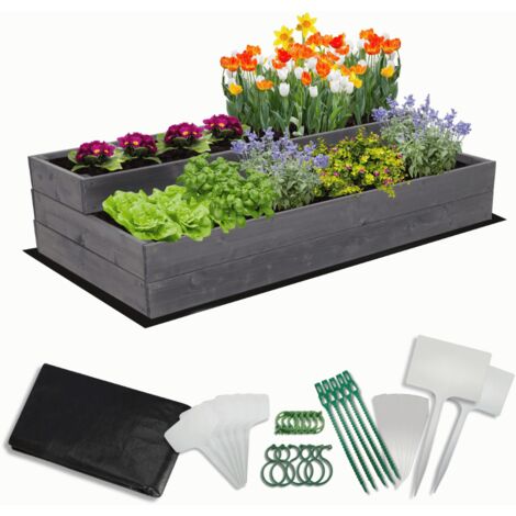 MODO24 Carré potager surélevé en bois, 2 niveaux en cascade, 27x117x63 cm, jardin/terrasse, kit jardinier inclus, gris imprégné