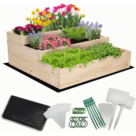 MODO24 Carré potager surélevé en bois, 3 niveaux en cascade, 36x90x93 cm, jardin/terrasse, kit jardinier inclus, naturel