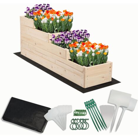 MODO24 Carré potager surélevé en bois, 4 niveaux en cascade, 45x30x120 cm, jardin/terrasse, kit jardinier inclus, naturel