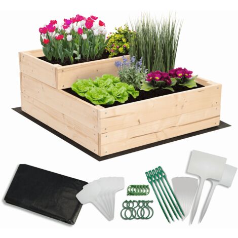 MODO24 Carré potager surélevé en bois, 2 niveaux en cascade, 27x60x63 cm, jardin/terrasse, kit jardinier inclus, naturel