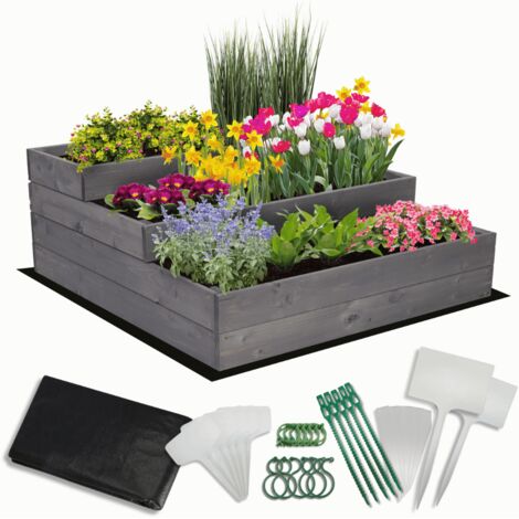 MODO24 Carré potager surélevé en bois, 3 niveaux en cascade, 36x90x93 cm, jardin/terrasse, kit jardinier inclus, gris imprégné