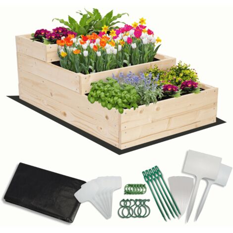 MODO24 Carré potager surélevé en bois, 3 niveaux en cascade, 36x60x93 cm, jardin/terrasse, kit jardinier inclus, naturel