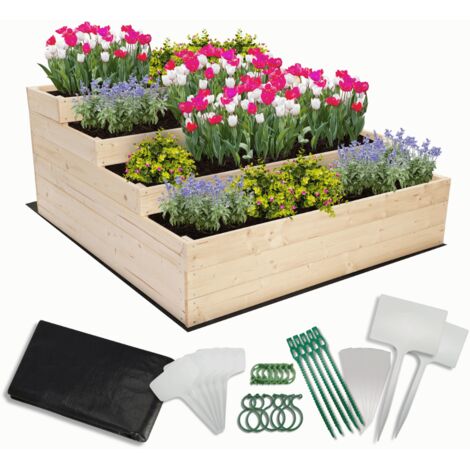 MODO24 Carré potager surélevé en bois, 4 niveaux en cascade, 54x117x120 cm, jardin/terrasse, kit jardinier inclus, naturel
