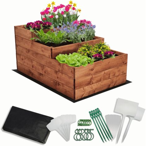 MODO24 Carré potager surélevé en bois, 3 niveaux en cascade, 45x60x93 cm, jardin/terrasse, kit jardinier inclus, brun imprégné