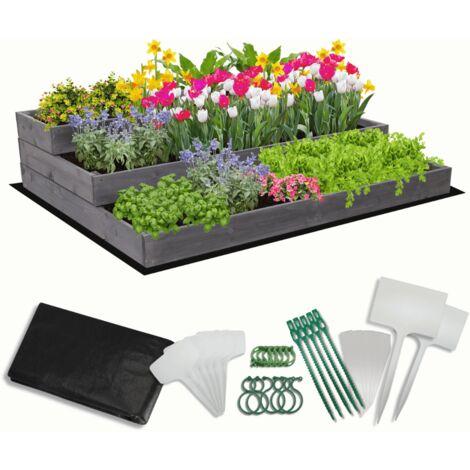 MODO24 Carré potager surélevé en bois, 3 niveaux en cascade, 27x117x93 cm, jardin/terrasse, kit jardinier inclus, gris imprégné