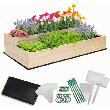 MODO24 Carré potager surélevé en bois, 2 niveaux en cascade, 27x117x63 cm, jardin/terrasse, kit jardinier inclus, naturel