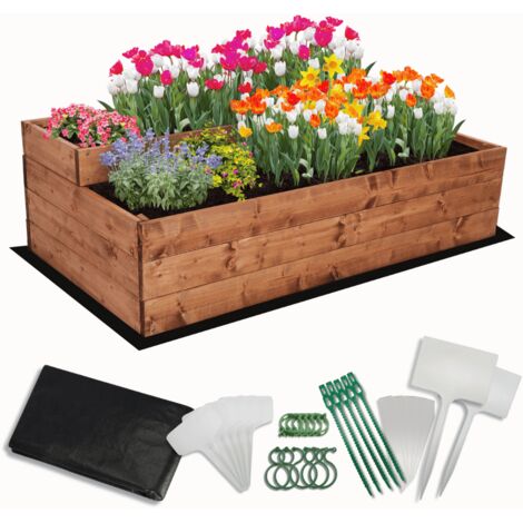 MODO24 Carré potager surélevé en bois, 2 niveaux en cascade, 36x117x63 cm, jardin/terrasse, kit jardinier inclus, brun imprégné
